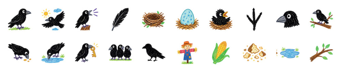 Naklejka premium Large set of cute crow illustrations in a crayon drawing style showing birds, nests, eggs, a scarecrow, and corn, representing the life and habits of the bird