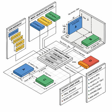 Professional Diagram of UI Layout Constraints Engine Showing View Hierarchy Objects Relations and Core Rules for Auto Layout