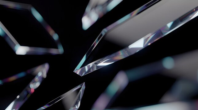 Glass shards float dynamically against a dark background with chromatic reflections.