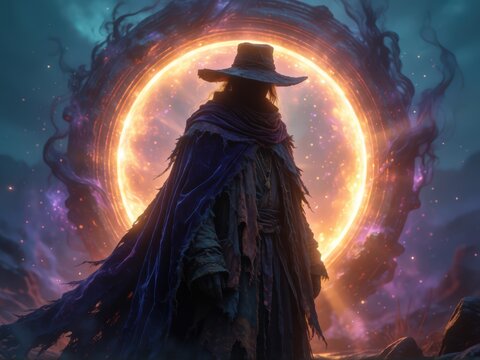 Mysterious figure in hat and cloak before glowing cosmic portal, retro vintage aesthetic. Use: fantasy book cover, game art, cinematic scene.