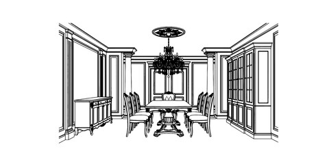 Obraz premium Classical dining room interior with chandelier and table sketch