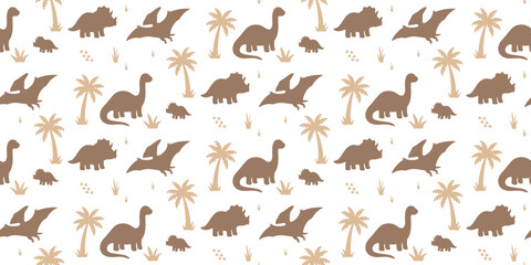 brown dinosaur silhouettes with palm trees seamless pattern on white background © Micro Design-id