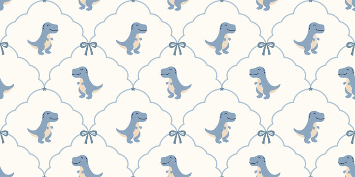 cute blue dinosaur pattern with scalloped frames and ribbon bows on cream background for kids