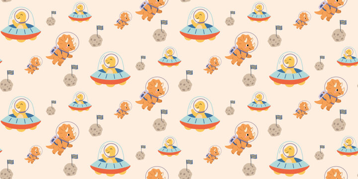 cute orange dogs playing and riding blue flying saucers seamless pattern on beige background