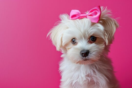 Cute white puppy wearing a pink bow poses against a vibrant fuchsia backdrop