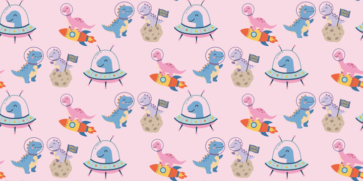 cute pink and blue dinosaurs with rockets spaceships and moons seamless pattern on pastel background
