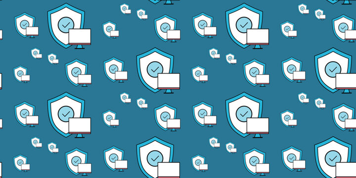 blue digital shield icons with computer monitors and clock symbols seamless pattern