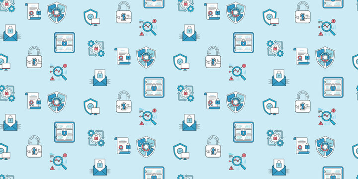 blue and white digital documents with magnifying glass and gears seamless pattern on light blue background