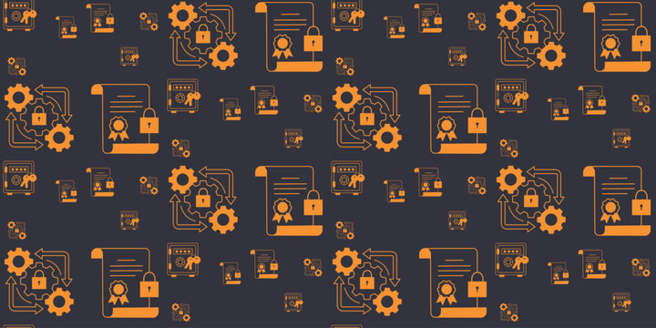 orange business analytics icons on dark background with charts gears and financial documents