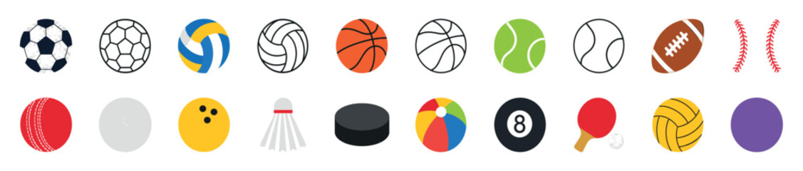 Fototapeta premium Large collection of various sports equipment icons including balls for soccer, basketball, tennis, and volleyball, presented in both flat color and line art vector styles