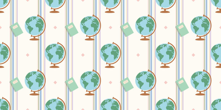 seamless pattern with green globes and vintage telephones on cream background