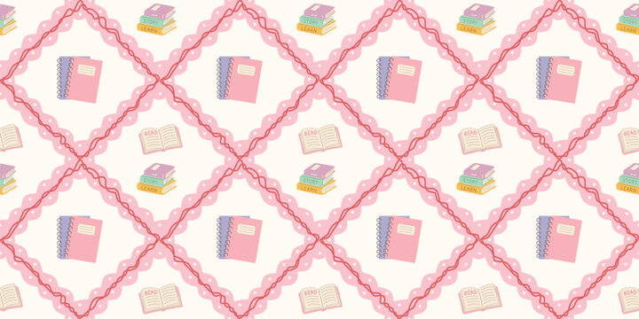 seamless pattern with pink books and open books in diamond shapes on white background