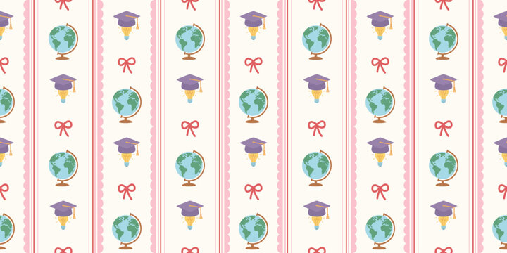 education themed pattern with green globe purple graduation cap and red ribbon in vertical stripes on white background
