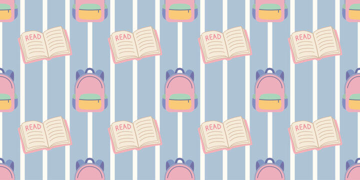 seamless pattern with pastel backpacks and open reading books on striped background