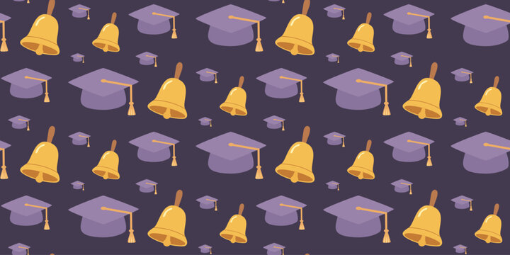 graduation caps and golden bells seamless pattern on dark background with purple black colors education celebration theme