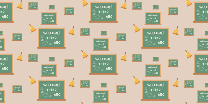 green chalkboards with welcome messages yellow paper airplanes and beige background seamless pattern