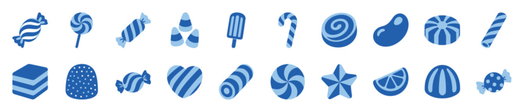 Collection of blue candy and sweet icons featuring lollipops, candy canes, and wrapped treats in a fun, modern flat graphic illustration style for a confectionery theme