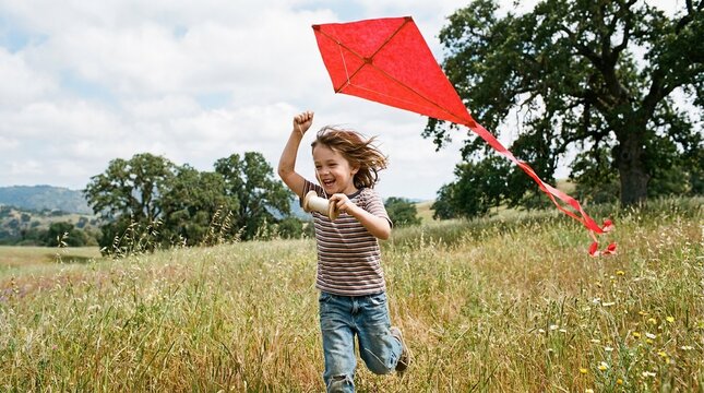 A joyful child running with a bright red kite in a sunny meadow with joyfully running
