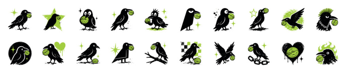 Naklejka premium Set of black crow illustrations holding green walnuts in a quirky punk graphic style with grunge textures, featuring stars, hearts, and various fun character designs