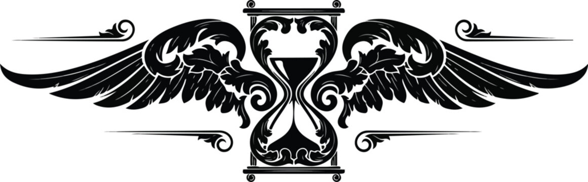 Ornate hourglass with decorative wings black and white illustration.