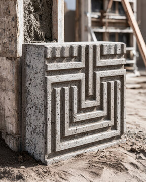 Decorative Concrete Block with Geometric Labyrinth Relief at Construction Site and Copy Space
