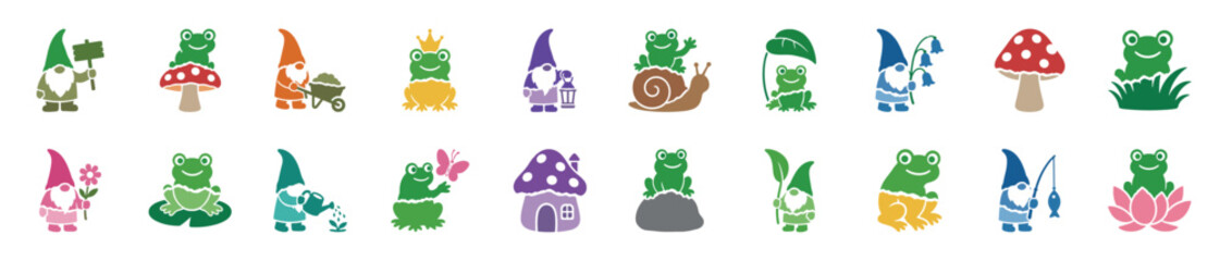 Obraz premium Colorful collection of garden gnome and frog silhouettes in various whimsical poses with fairytale elements like mushrooms, flowers, and snails for a cute design set
