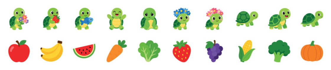 Naklejka premium Collection of cute cartoon turtle characters with different emotions and a set of fresh fruit and vegetable icons in a charming, adorable flat design style