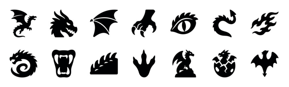 Collection of black dragon silhouette icons representing a mythical beast, its head, wing, claw, eye, tail, footprint, and a hatching egg for fantasy concepts