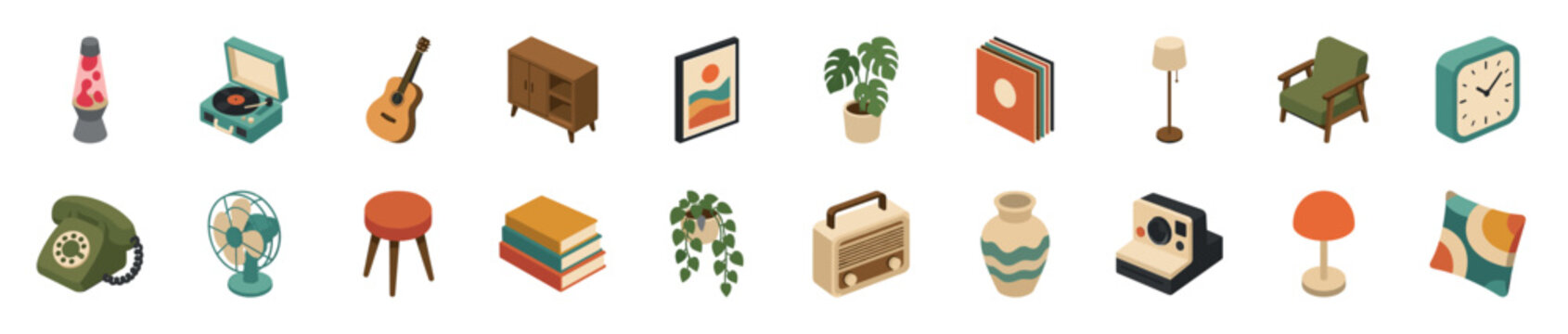 Set of vintage isometric household items including a record player, lava lamp, armchair, and rotary phone in a nostalgic, retro style illustration with muted colors