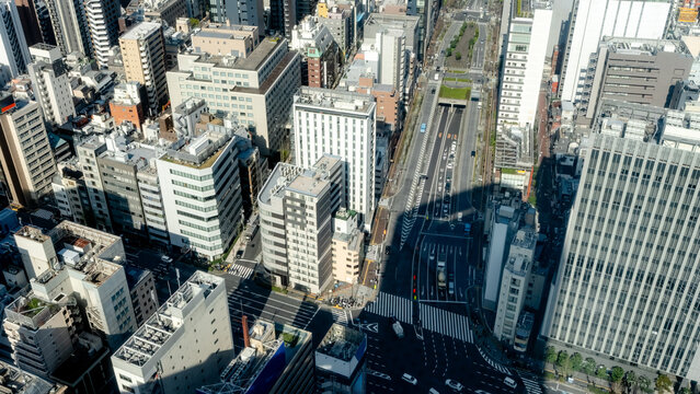 Aerial view of Minato Tokyo streets and office towers