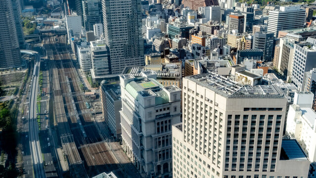 Aerial view of Minato Tokyo skyline and railway corridor