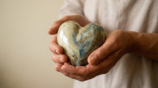 Person holding a beautiful heart shaped stone with warm with showcases person gently