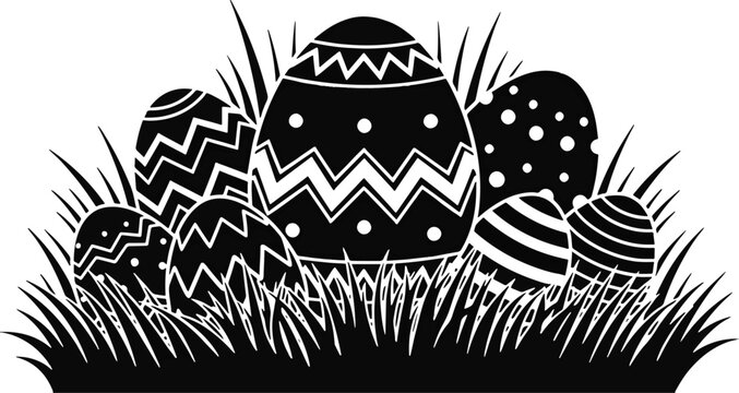 A black and white silhouette illustration of decorated easter eggs nestled in a patch of tall grass