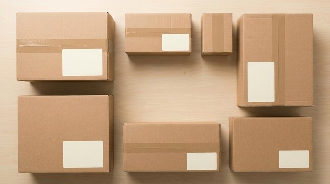 Flat lay composition of various brown shipping boxes on a light surface