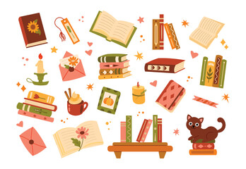 Cozy book lover clipart set. Hygge reading elements with open books, stack of books, bookshelf, cute cat, candles, letters, bookmark and coffee cup isolated on white background. © Helga KOV