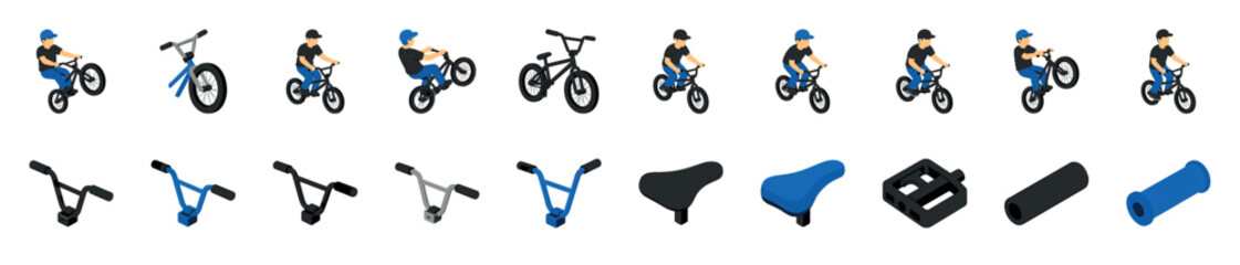 Fototapeta premium Set of isometric BMX bike illustrations showing a rider performing tricks and various individual bicycle parts like handlebars, saddles, pedals, and grips in a flat design style