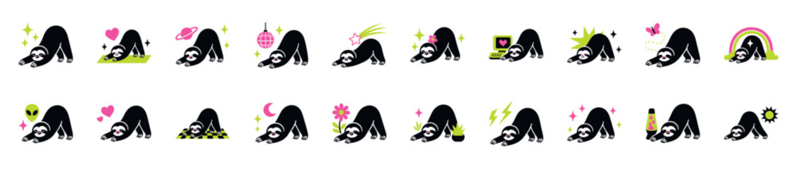 Fototapeta premium Set of cute black sloth character illustrations in a stretching yoga pose with various fun elements like hearts, planets, and disco balls in a flat graphic style