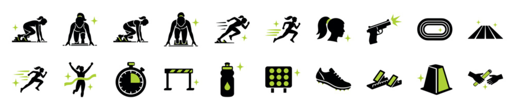 Track and field athletics icon set with black and green silhouettes of runners, a starter pistol, a stopwatch, a hurdle, and other equipment for sports competition themes