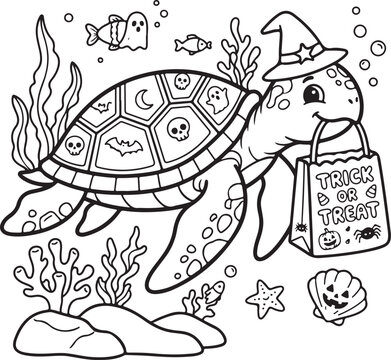 Cartoon turtle holding a magic staff underwater. Whimsical sea creature casting spells in ocean fantasy scene., Generative Ai