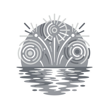 Abstract circular sun or fireworks above ocean waves.