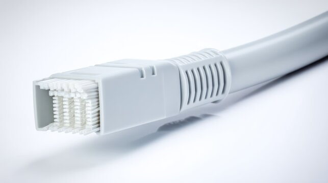 Close up of a grey network cable connector on a white background