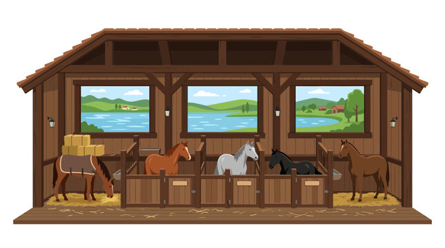 Vector illustration of horses inside a rustic wooden stable