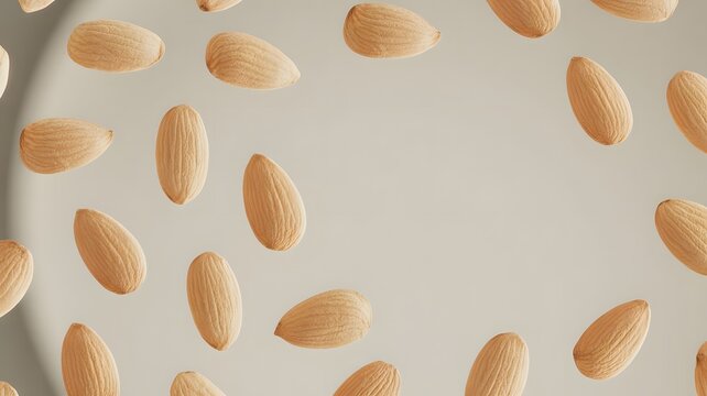 Raw organic almonds floating gracefully against a clean neutral background creating a professional minimalist composition for culinary food advertising projects