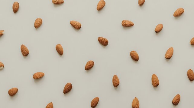 Raw brown almonds arranged in a neat grid pattern against a minimalist light beige background captured from overhead flat lay