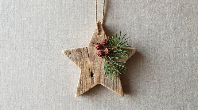 Rustic wooden star ornament with pine and berries for eco friendly christmas decor
