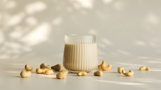 Creamy cashew nut milk poured into a textured glass surrounded by scattered organic roasted nuts on a soft neutral background