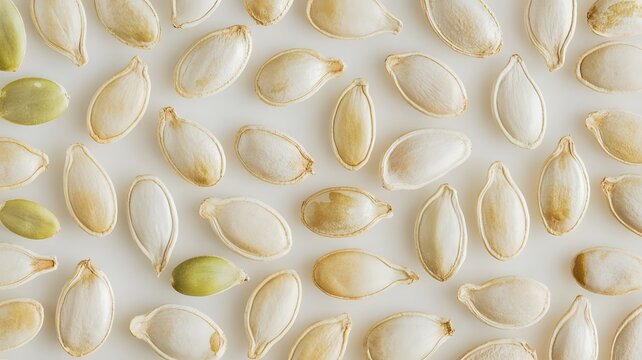 Pumpkin seeds scattered uniformly over a clean white background showing natural textures and organic earthy tones in bright studio lighting