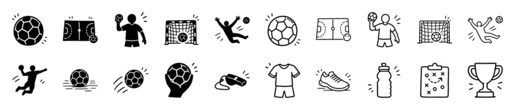 Collection of hand-drawn handball icons showing players in action, a ball, goal, court, whistle, trophy, and uniform in simple black glyph and line art styles
