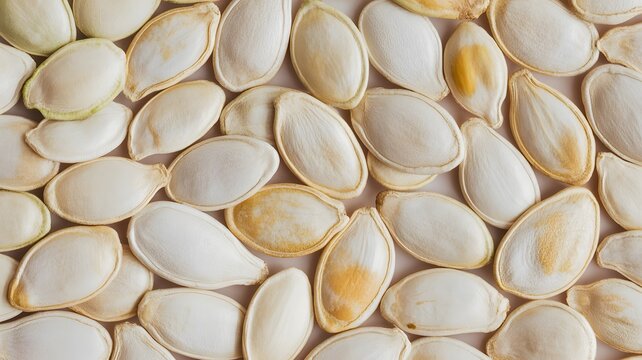Roasted pumpkin seeds arranged neatly in a close up overhead pattern showcasing organic textures and pale neutral beige color tones