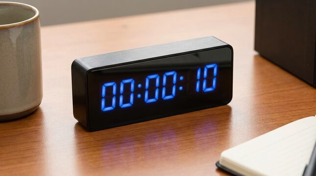 Sleek digital clock with blue led display on wooden desk surface